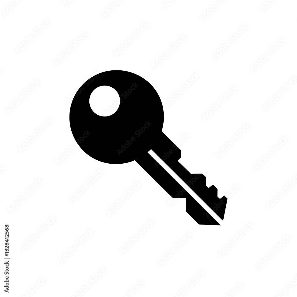 A simple black silhouette of a key, depicting a classic key shape with a round head and serrated bit. Its a common symbol for access and security. A simple black silhouette of a key, depicting a classic key shape with a round head and serrated bit. Its a common symbol for access and security.