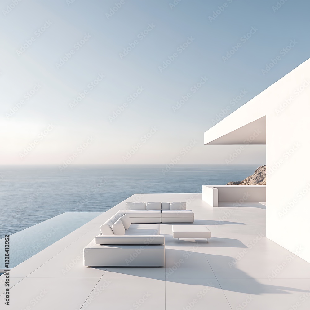 Fototapeta premium Luxury Modern Home Terrace Overlooking Ocean with Minimalist Furniture
