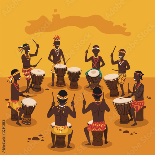 Group Drumming Performance with Drums and Tribal Costumes in Warm Setting