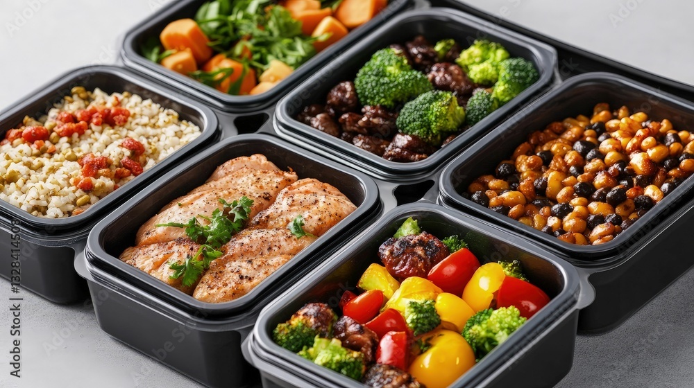 Colorful meal prep containers with lean proteins and vegetables kitchen food photography organized aesthetic presentation Colorful meal prep containers with lean proteins and vegetables kitchen food photography organized aesthetic presentation