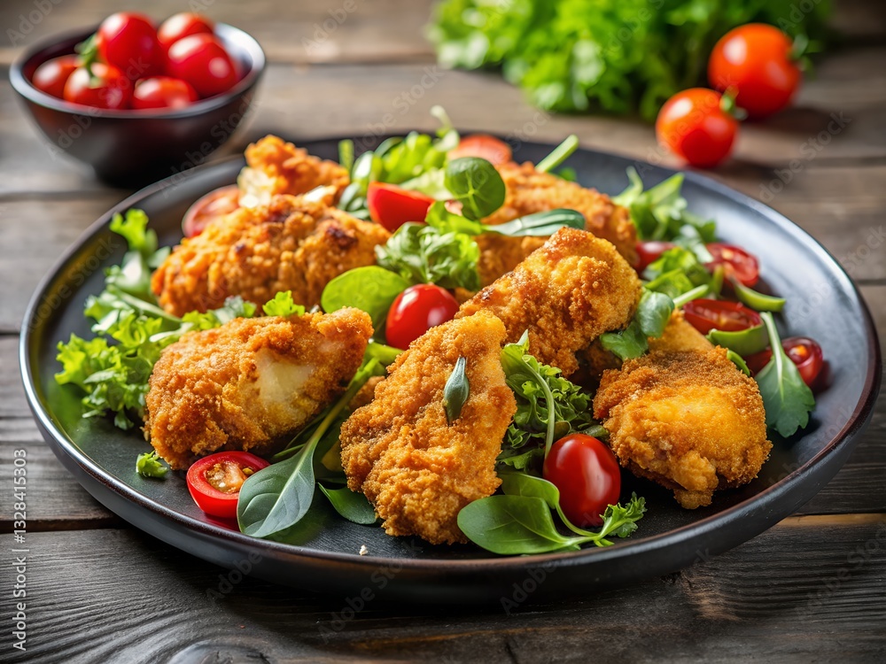 crispy fried chicken with fresh salad on black plate crispy fried chicken with fresh salad on black plate