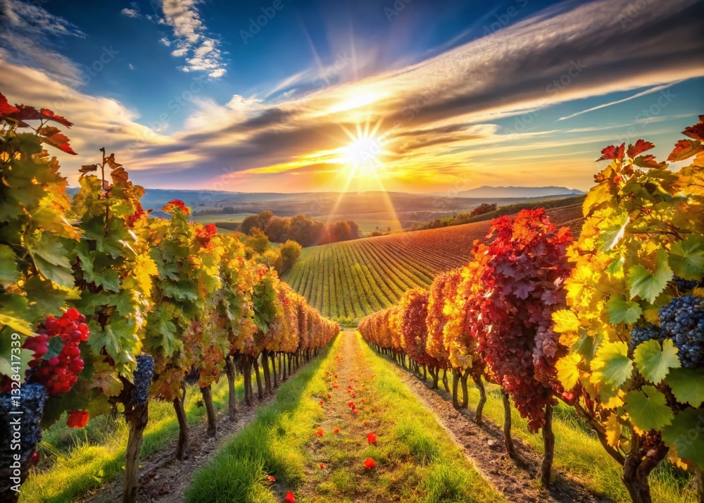 Fototapeta premium Sun-Drenched Vineyard Panorama: Lush Grapevines in Golden Sunlight - Macro Photography