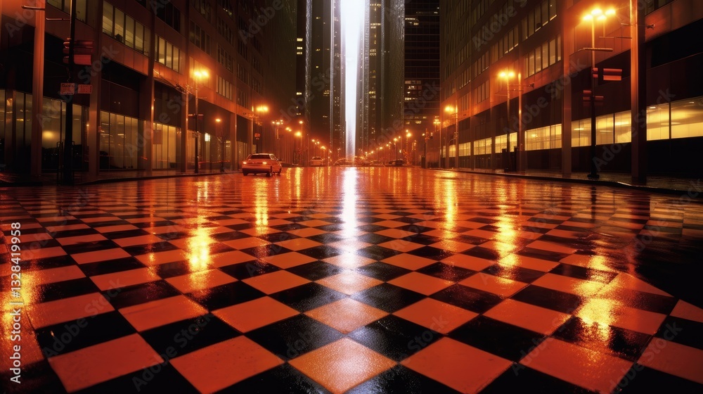 Fototapeta premium Rainy night city street, wet pavement, reflections