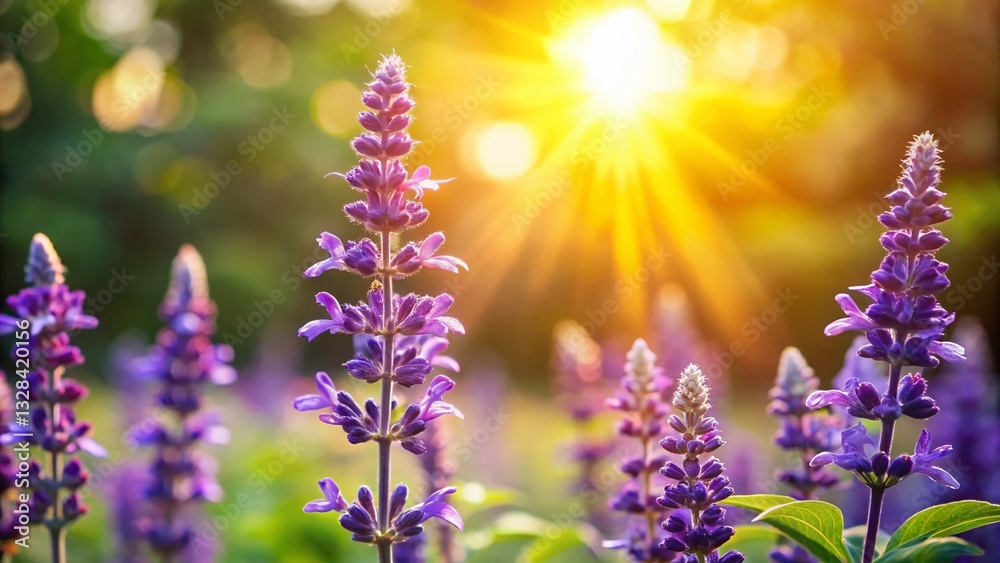 Naklejka premium Sunlit Sage Flowers in Garden - Vibrant Purple Blooms with High Depth of Field