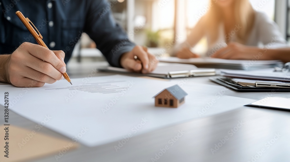 Person signing document, small house model on table. Business meeting Person signing document, small house model on table. Business meeting