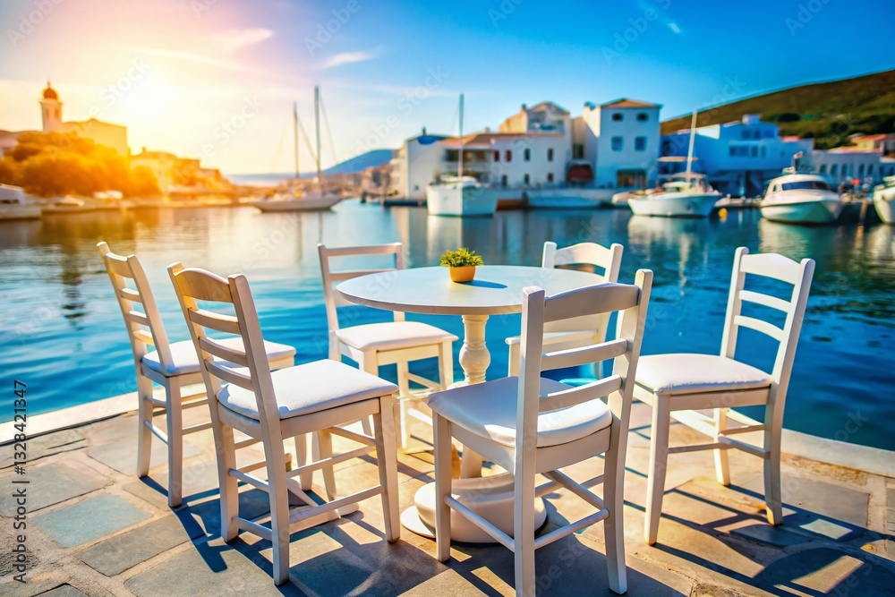 Sunny Greek Harbor View: White Chairs & Blue Table Stock Photo Sunny Greek Harbor View: White Chairs & Blue Table Stock Photo