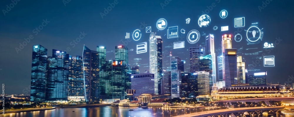 Naklejka premium Illuminated urban cityscape with digital interface elements above buildings