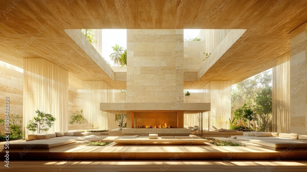 Obraz premium Modern, light-filled interior with a fireplace