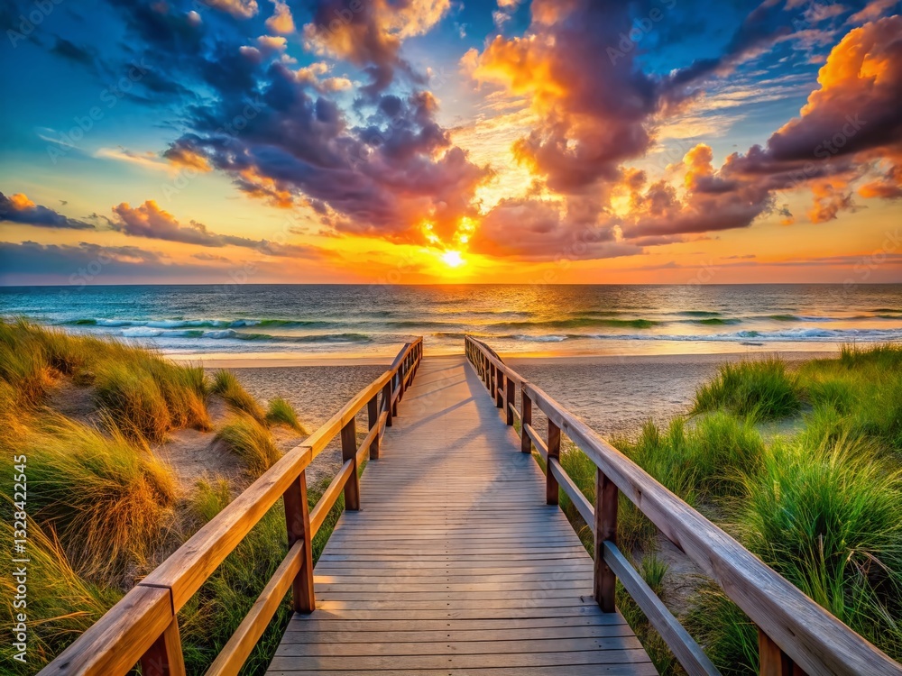 Fototapeta premium Sunrise Beach Walkway: Serene Coastal Path to Sandy Shoreline at Dawn