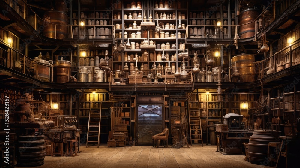 Enchanted, cluttered apothecary's grand hall Enchanted, cluttered apothecary's grand hall