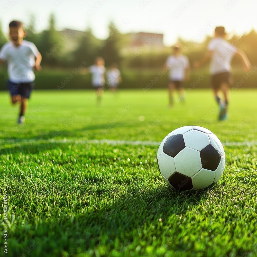 Children excitedly playing soccer on a well-kept grass field under bright blue skies in a joyful atmosphere Children excitedly playing soccer on a well-kept grass field under bright blue skies in a joyful atmosphere