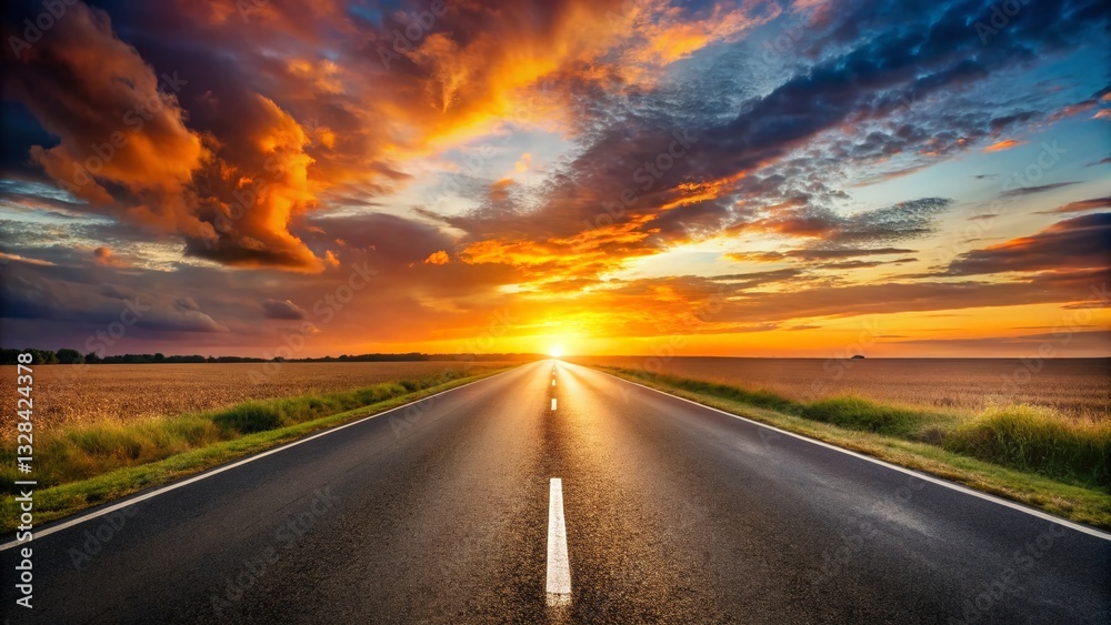 Naklejka premium Sunset Highway: Asphalt Road Vanishing into Golden Horizon