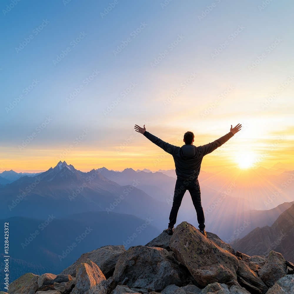 A victorious person standing on the summit of a mountain with arms wide open embracing nature and triumph of climbing A victorious person standing on the summit of a mountain with arms wide open embracing nature and triumph of climbing