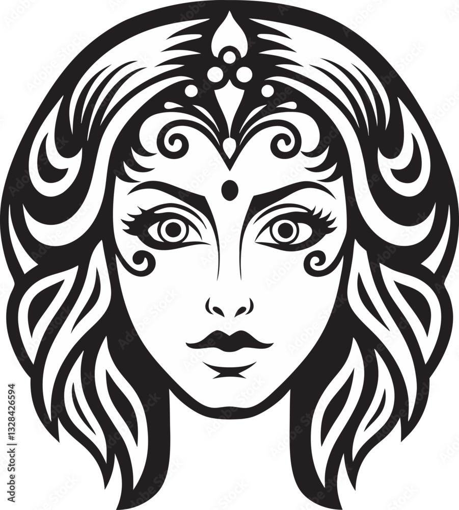 Stunning Black and White Vector Illustration of a Woman's Face with Ornamental Details Stunning Black and White Vector Illustration of a Woman's Face with Ornamental Details
