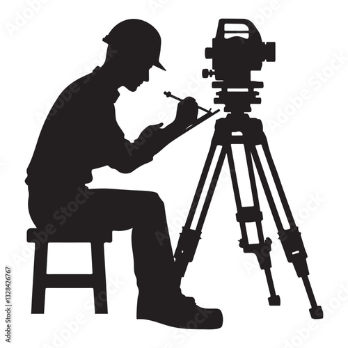 Surveyor Silhouette Man Working with Theodolite Tool Illustration