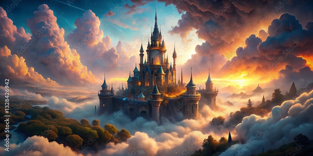 Naklejka premium Surreal AI-Generated Castle: Dreamlike Medieval Fortress in a Fantasy Landscape