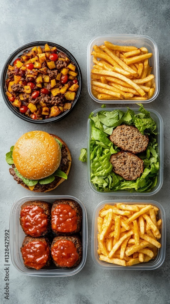 Busy week meal prep macrobalanced sliders containers food photography home kitchen overhead view healthy eating Busy week meal prep macrobalanced sliders containers food photography home kitchen overhead view healthy eating