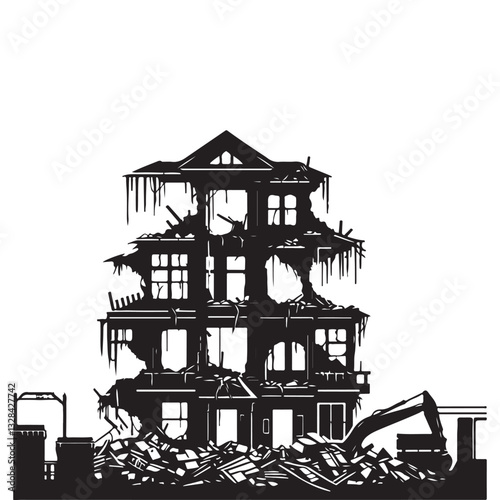 Demolition Process Illustration Shows Old Building Destruction and Reconstruction