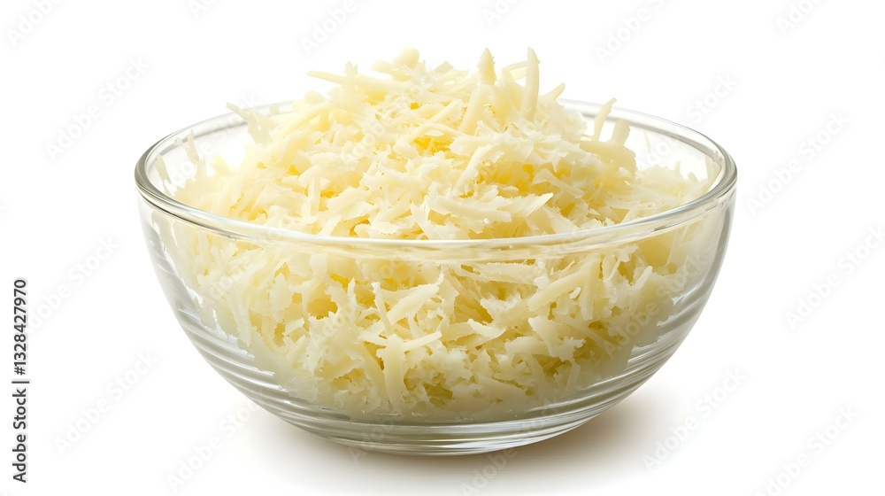 Glass bowl with grated cheese on white