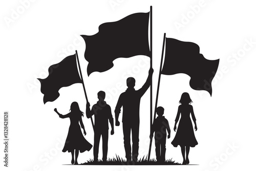 Group of people holding flags silhouette vector illustration