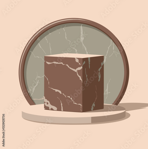 Minimal scene podium mockup for product display presentation. Vector geometric forms with marble texture in neutral peach and brown colors. Stage showcase.