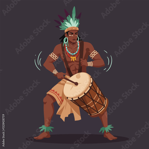 Man Playing Drum with Stick in Traditional Tribal Clothing