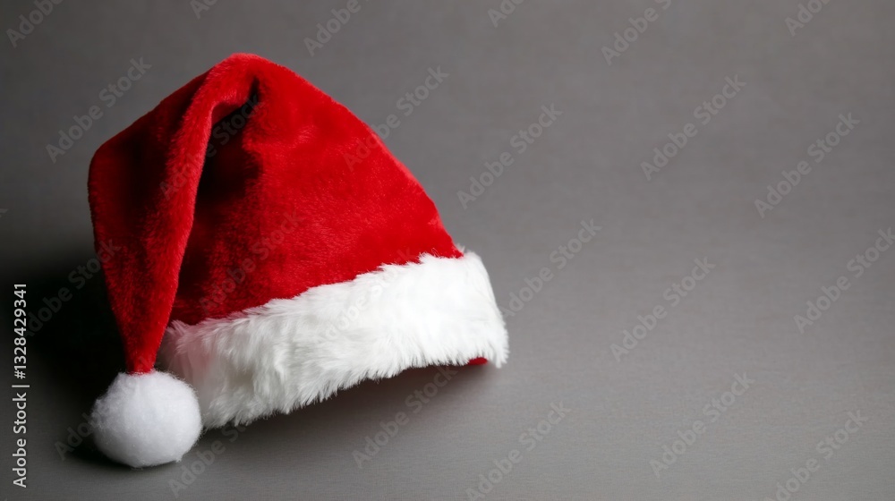 Red Santa hat with white fur trim, lying on gray surface Red Santa hat with white fur trim, lying on gray surface