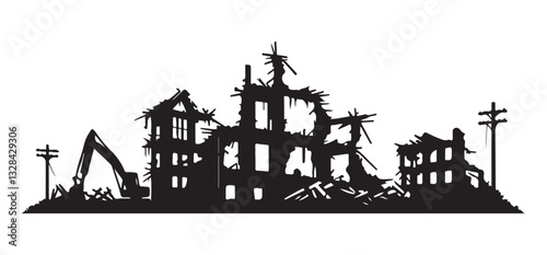 Ruined Building Silhouette Illustration After Disaster Destruction Design