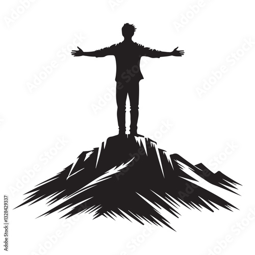 Silhouette of A Person on Mountain Top Conquering Fears Illustration
