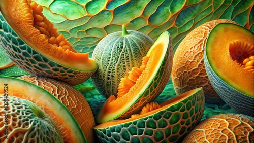 Surreal Cantaloupe Melon Texture Background: Abstract Orange & Green Hues