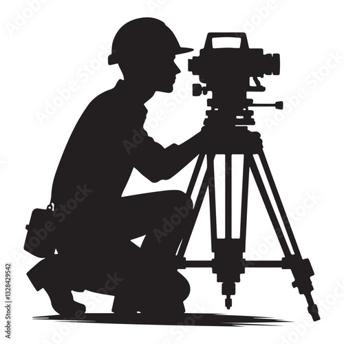 Surveyor Using Total Station Equipment Professional Land Measurement Silhouette Illustration