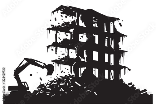 Silhouette Construction Demolition with Excavator Ruining Building Detailed