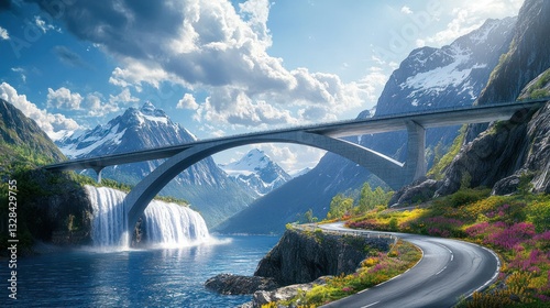 Scenic bridge over fjord, winding road, waterfall, mountains