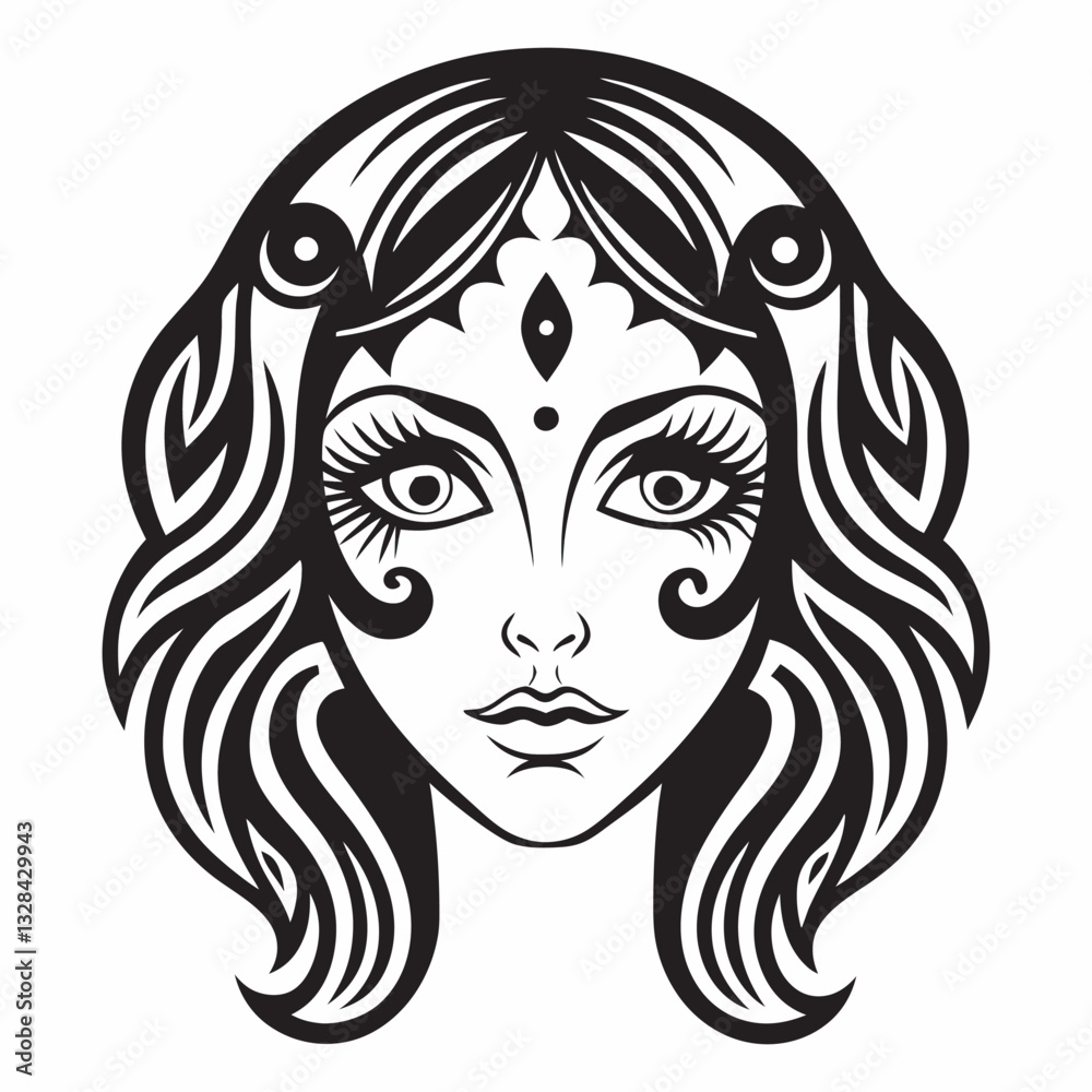 Stunning Black and White Vector Illustration of a Woman's Face with Ornamental Details Stunning Black and White Vector Illustration of a Woman's Face with Ornamental Details