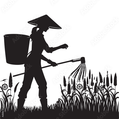 Farmer working in field irrigation silhouette vector illustration