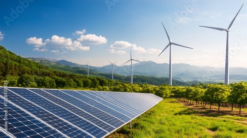 Renewable energy sources solar panels and wind turbines on a hillside