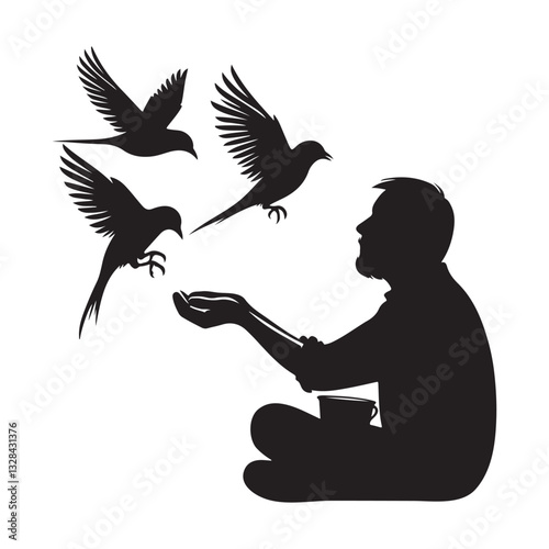 Man feeding birds silhouette illustration fostering compassion connection nature
