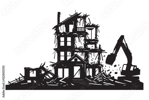 House demolition silhouette illustration showcasing urban redevelopment construction