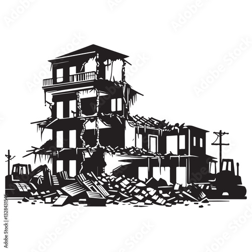 Building Demolition Silhouette Illustration Construction Disaster Site Ruins Rubble