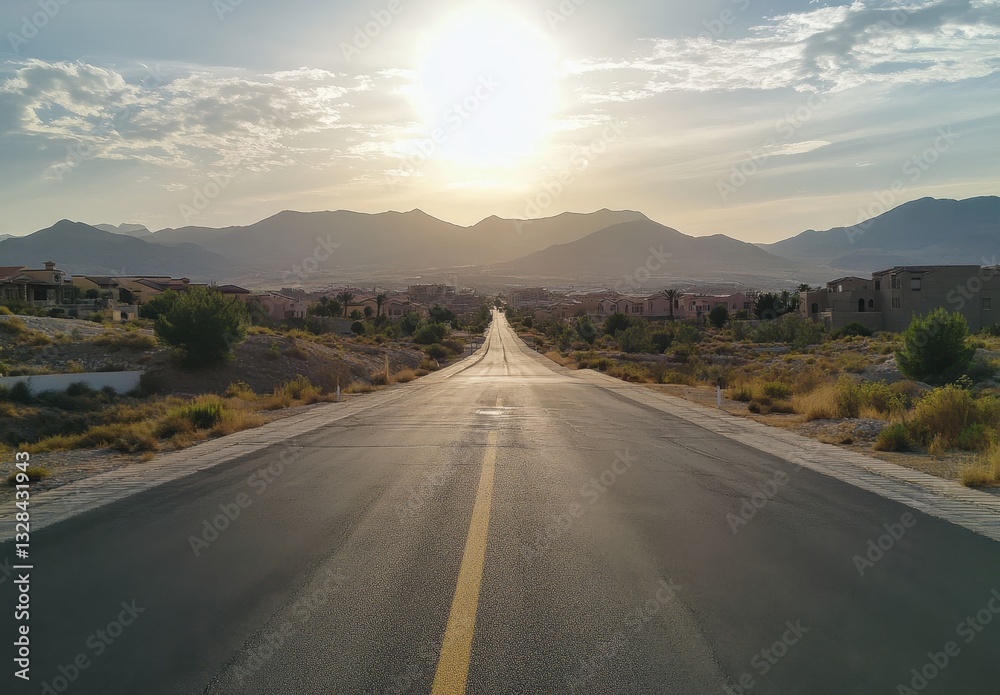 Naklejka premium Serene Road Leading Towards Majestic Mountains Under a Bright Sky at Sunset in a Tranquil Desert Landscape
