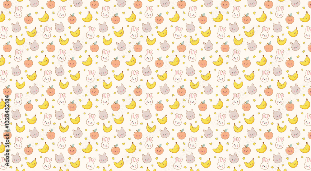 Vector Fun and Playful Kawaii Style Pattern with Adorable Smiling Fruits Animals and Stars in Pastel Colors Vector Fun and Playful Kawaii Style Pattern with Adorable Smiling Fruits Animals and Stars in Pastel Colors