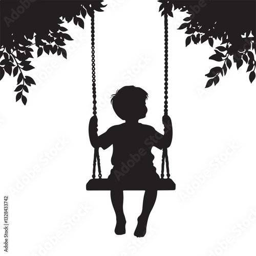 Child Silhouette on a Swing Beneath Tree Branches a Serene Moment