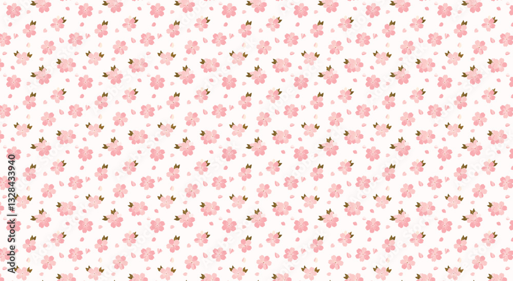 A delicate floral pattern featuring soft pink sakura blossoms with falling petals on a light pastel background A delicate floral pattern featuring soft pink sakura blossoms with falling petals on a light pastel background