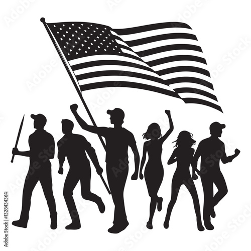 Patriotic Silhouette People Protesting with American Flag Vector Image