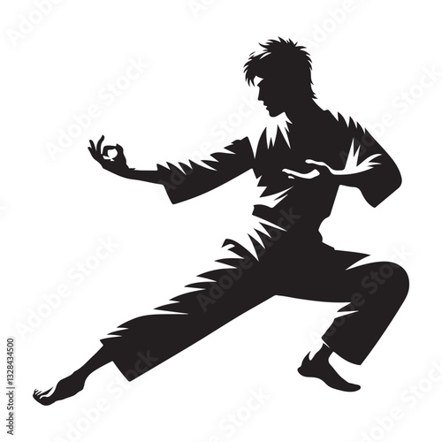 Silhouette of a Martial Arts Practitioner in Action Pose Vector