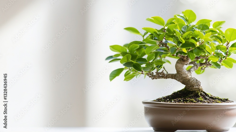 Small bonsai tree in a brown pot with vibrant green leaves Small bonsai tree in a brown pot with vibrant green leaves