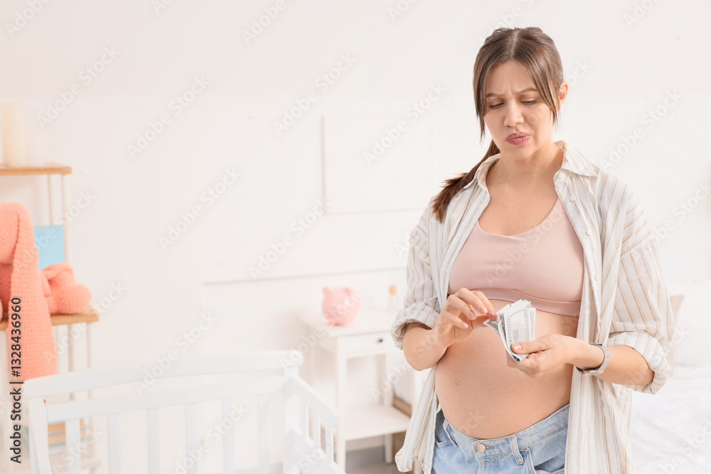Thoughtful young pregnant woman with money in bedroom. Maternal Benefit concept Thoughtful young pregnant woman with money in bedroom. Maternal Benefit concept
