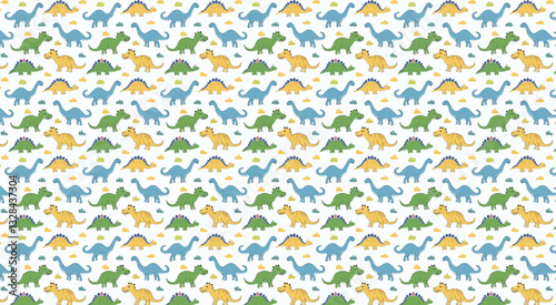 Vector Playful Hand-Drawn Dinosaur Pattern with Cute T-Rex, Triceratops, and Stegosaurus on a Colorful Background