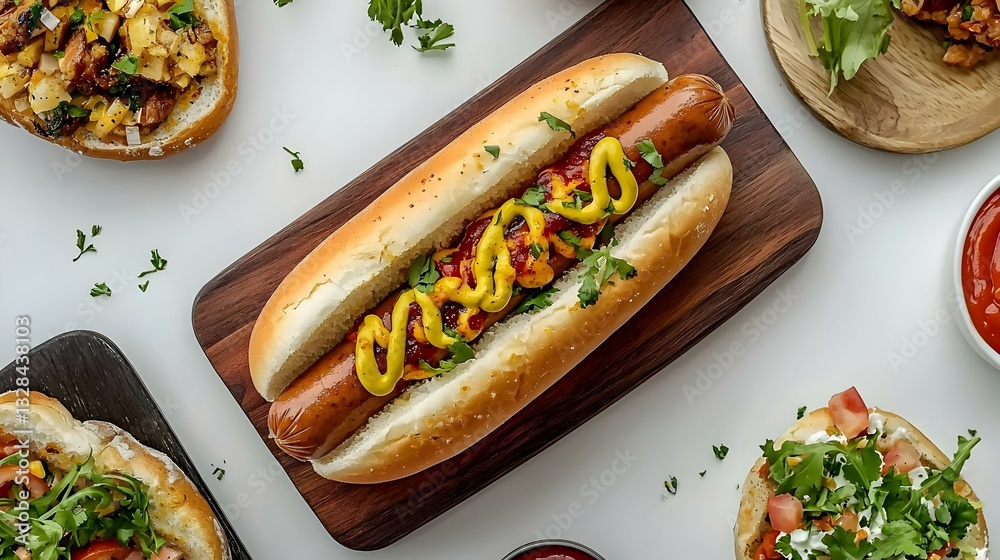 Delicious hot dog with ketchup and mustard
