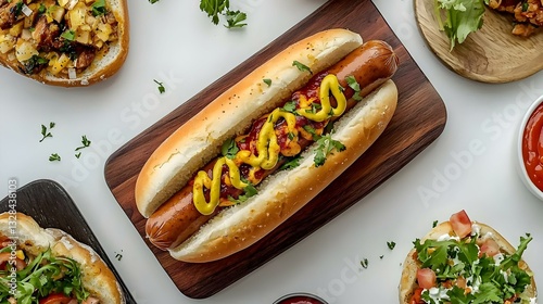Obraz na płótnie Delicious hot dog with ketchup and mustard w salonie